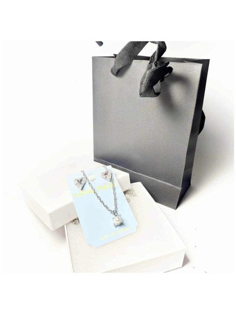 Cat Pearl Pendant Necklace & Crystal Heart Earrings Gift Set